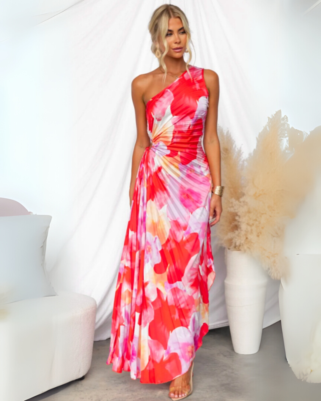 Sybil | Elegant One Shoulder Sunset Floral Maxi Dress