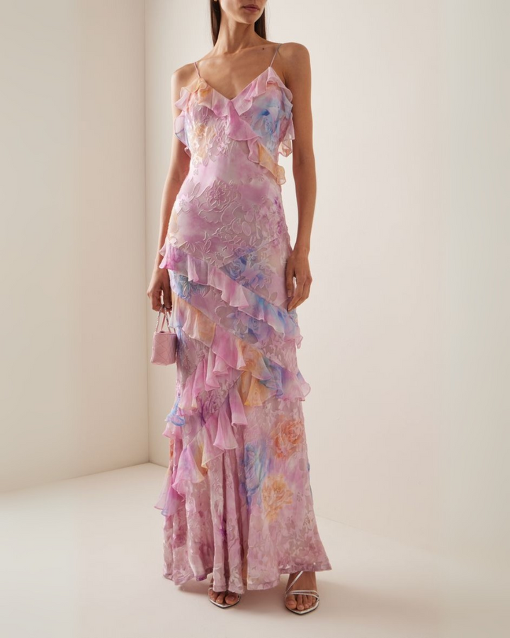 Sybil | Elegant Tiered Ruffle V-Neck Floral Maxi Dress