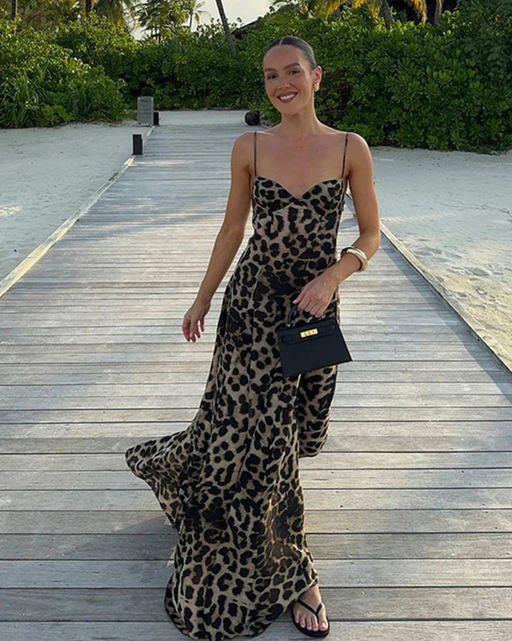Riley | Elegant Leopard Print Sweetheart Maxi Dress