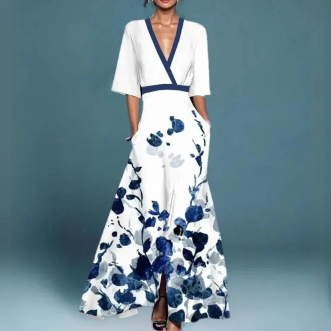 Elyse | Elegant V-Neck Floral Embroidered Maxi Dress With Sleeves