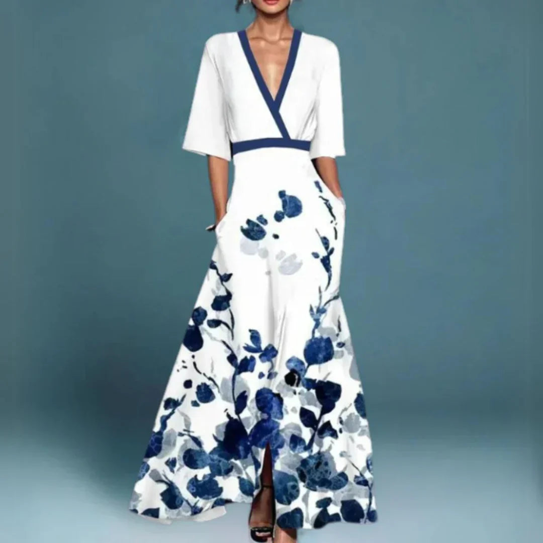 Rosalynn | Elegant V-Neck Floral Embroidered Maxi Dress