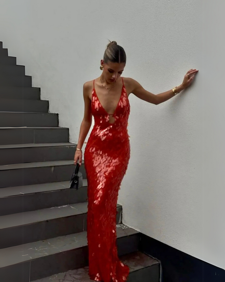 Sybil | Elegant Red Sequin V-Neck Mermaid Gown