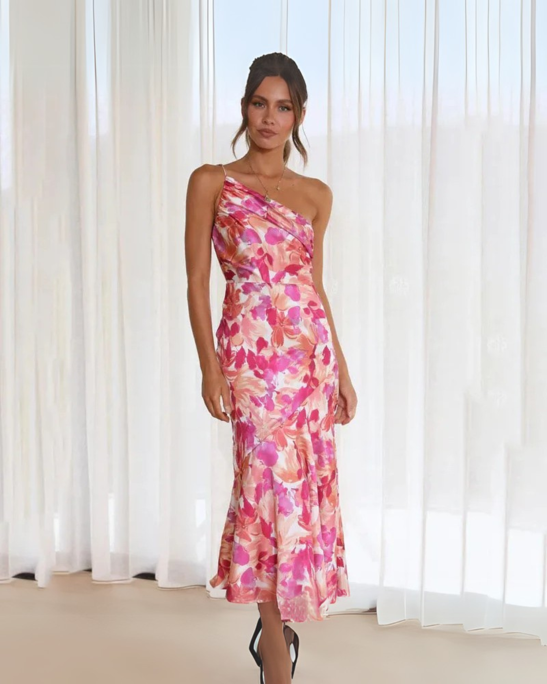 Millie | Elegant One-Shoulder Floral Midi Dress
