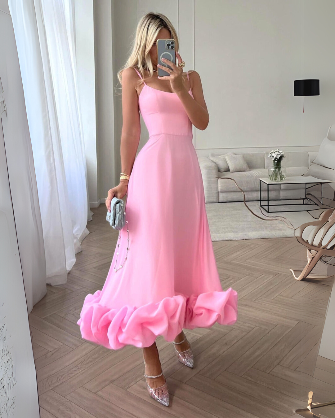 Camille | Chic Spaghetti Strap Ruffle Midi Dress