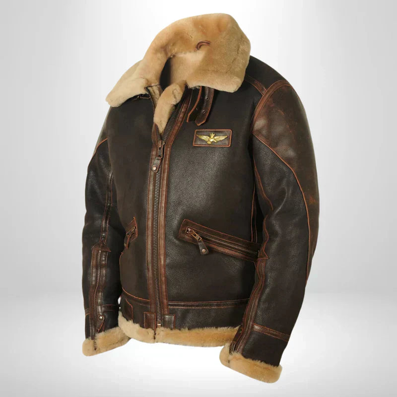 Logan | Vintage Aviator Shearling Flight Jacket With Fur Collar