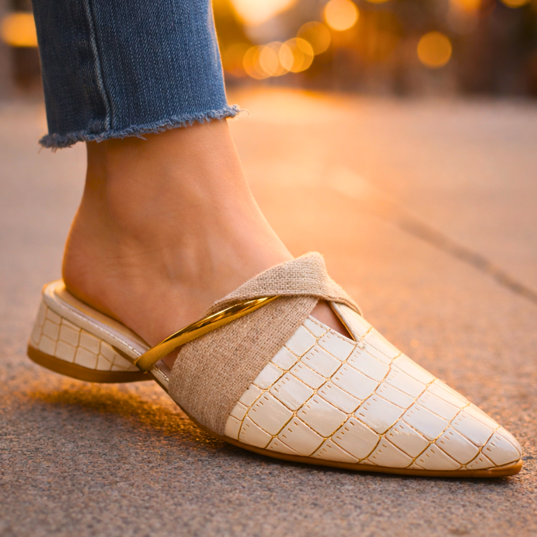 Odette | Chic Pointed Toe Croc-Embossed Mules With Gold Accent