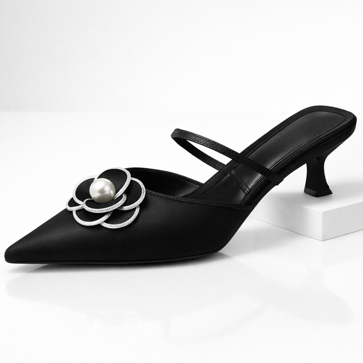 Esther | Elegant Pearl Embellished Pointed Toe Kitten Heels