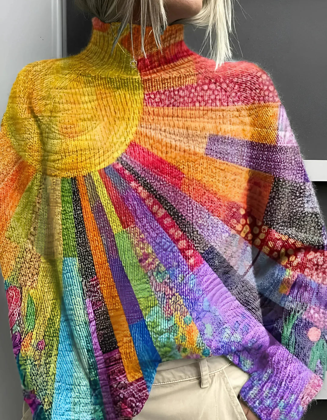 Sybil | Chic Rainbow Turtleneck Sweater With Patchwork Design