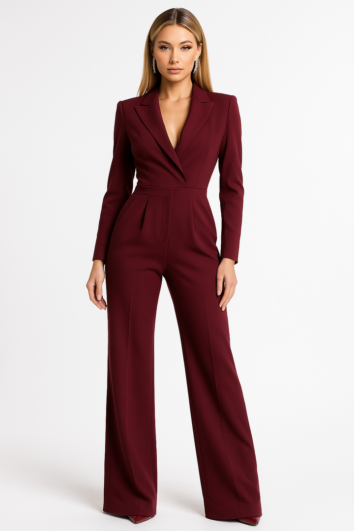 Daphne | Elegant Burgundy Wide-Leg Jumpsuit With V-Neck & Long Sleeves