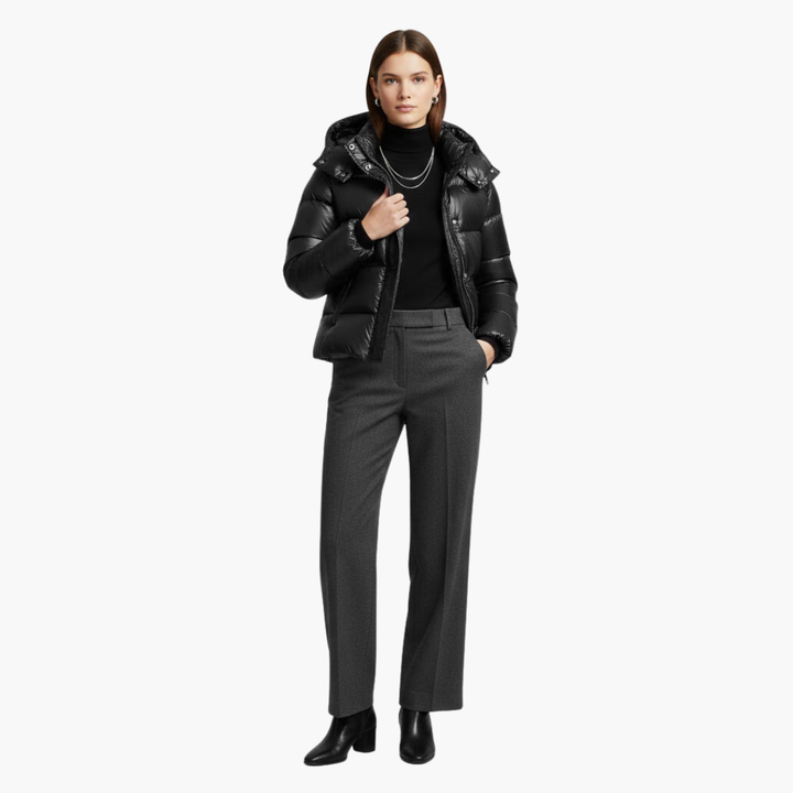 Alethea | Elegant Navy Hooded Quilted Puffer Jacket With Zip Front