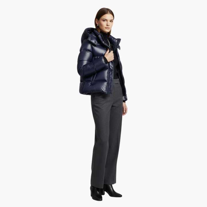 Alethea | Elegant Navy Hooded Quilted Puffer Jacket With Zip Front