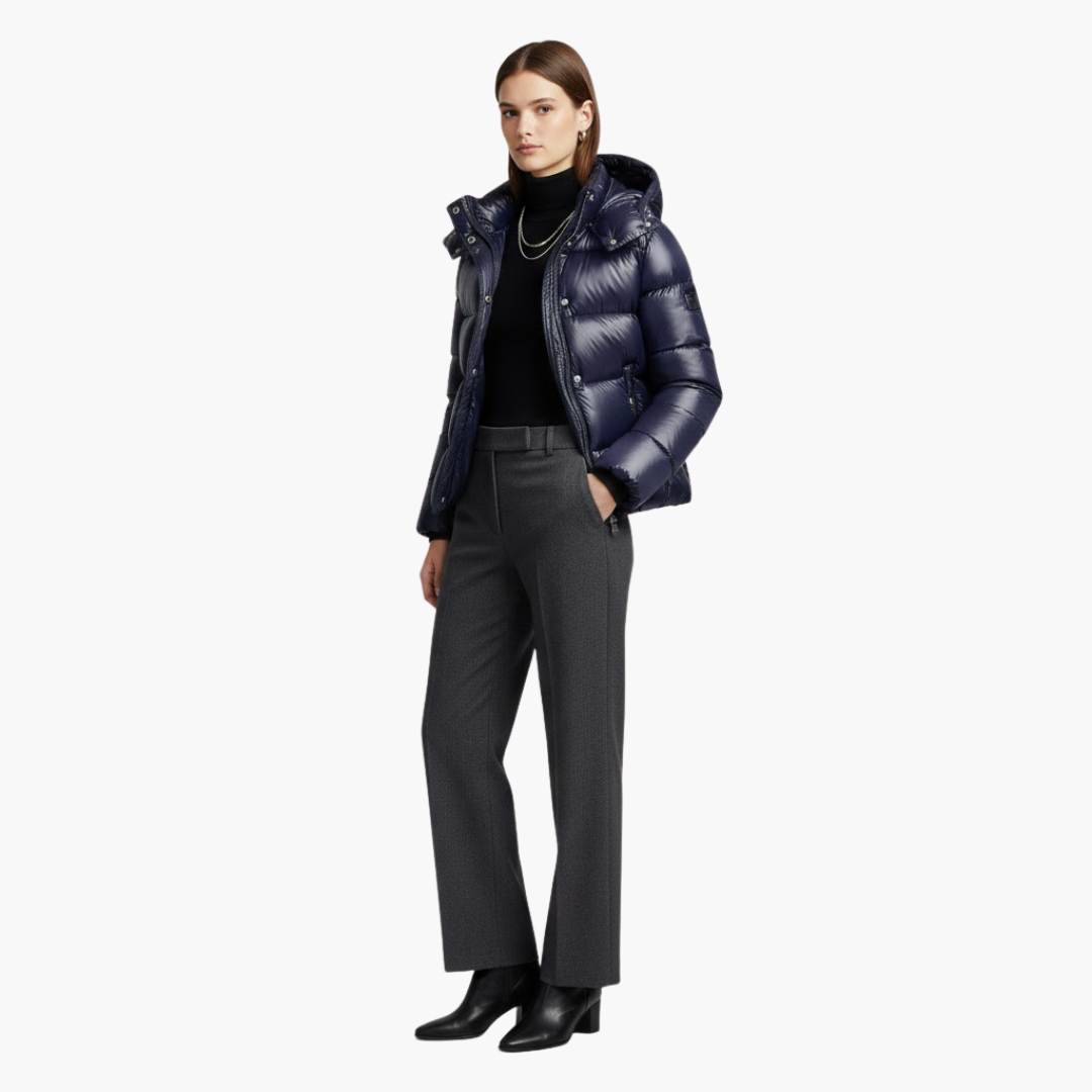 Alethea | Elegant Navy Hooded Quilted Puffer Jacket With Zip Front