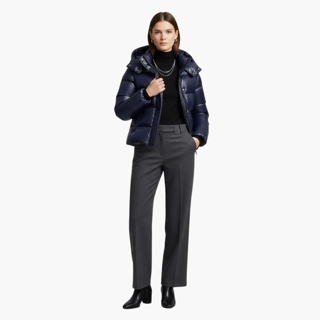 Alethea | Elegant Navy Hooded Quilted Puffer Jacket With Zip Front