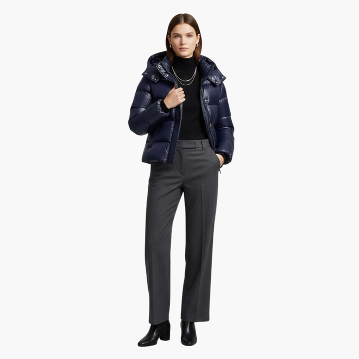 Alethea | Elegant Navy Hooded Quilted Puffer Jacket With Zip Front