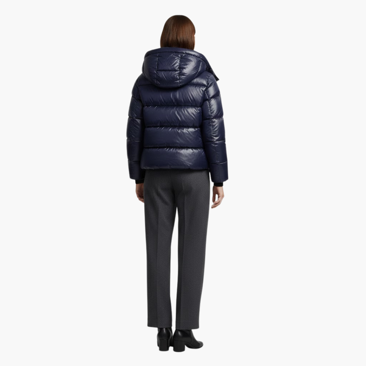 Alethea | Elegant Navy Hooded Quilted Puffer Jacket With Zip Front