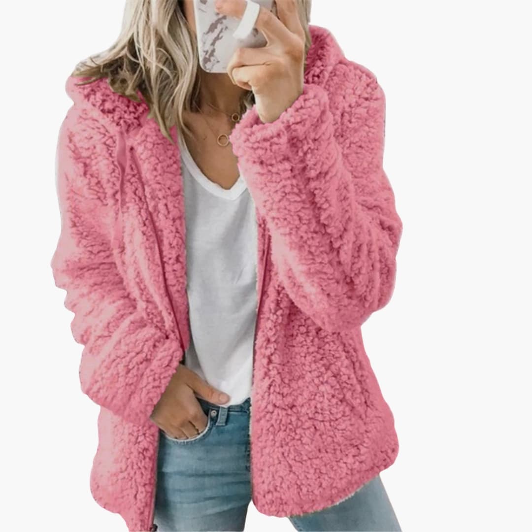 Cozy Pink Hooded Teddy Fleece Jacket For Women