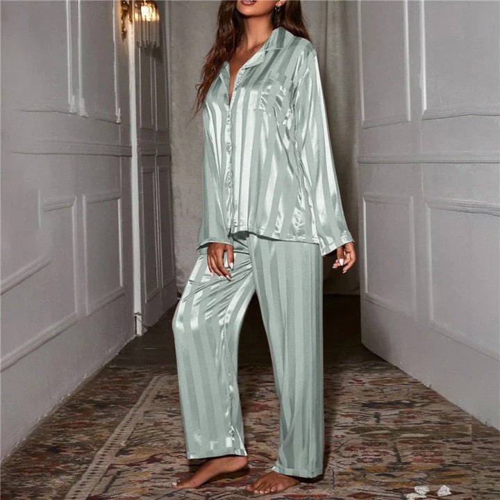 Tillie | Elegant Striped Satin Pajama Set With Button Front