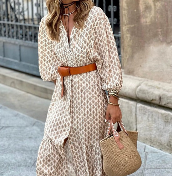 Vera | Elegant Geometric Print Button Down Midi Dress With Belt