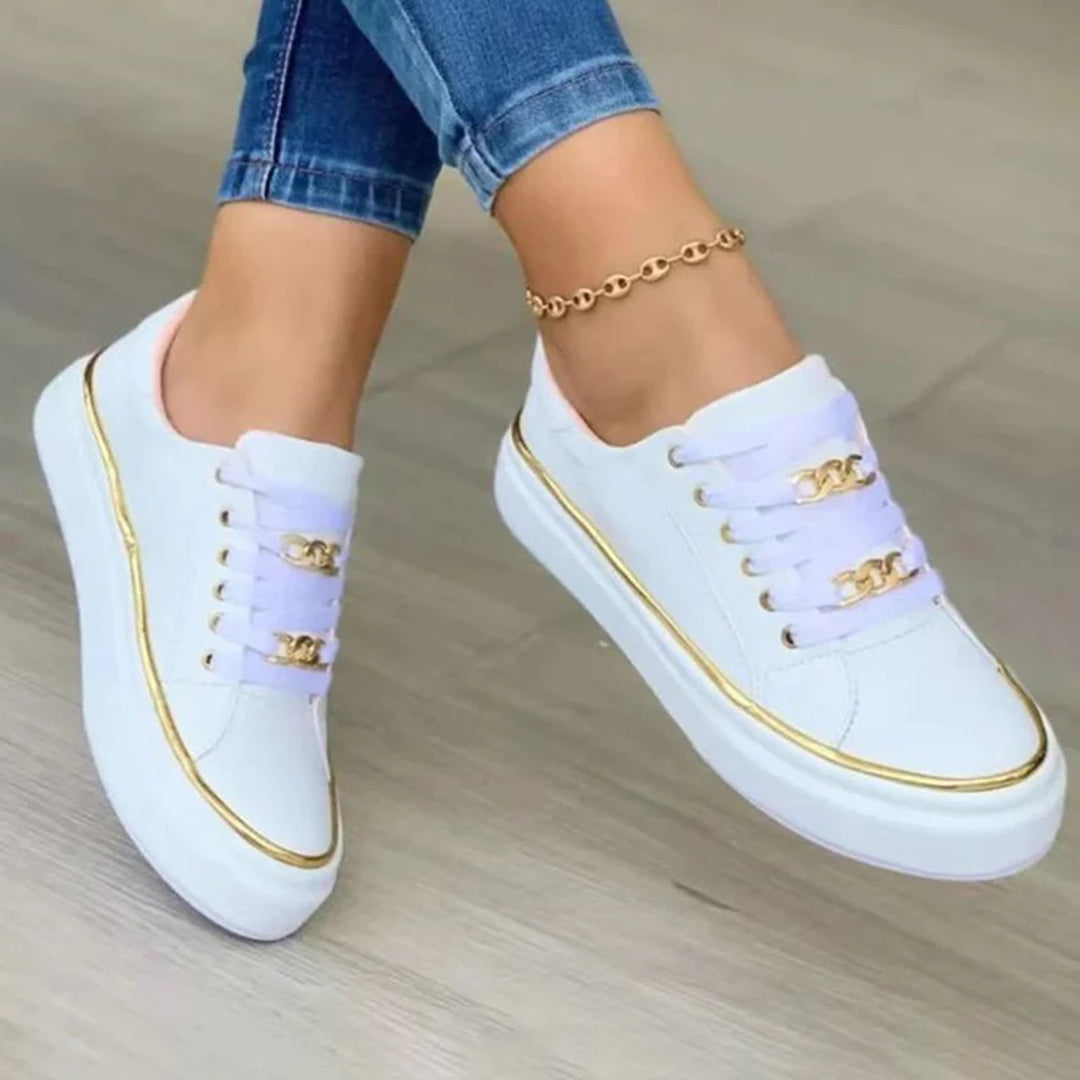 Valeria | Elegant White Platform Sneakers With Gold Chain Details