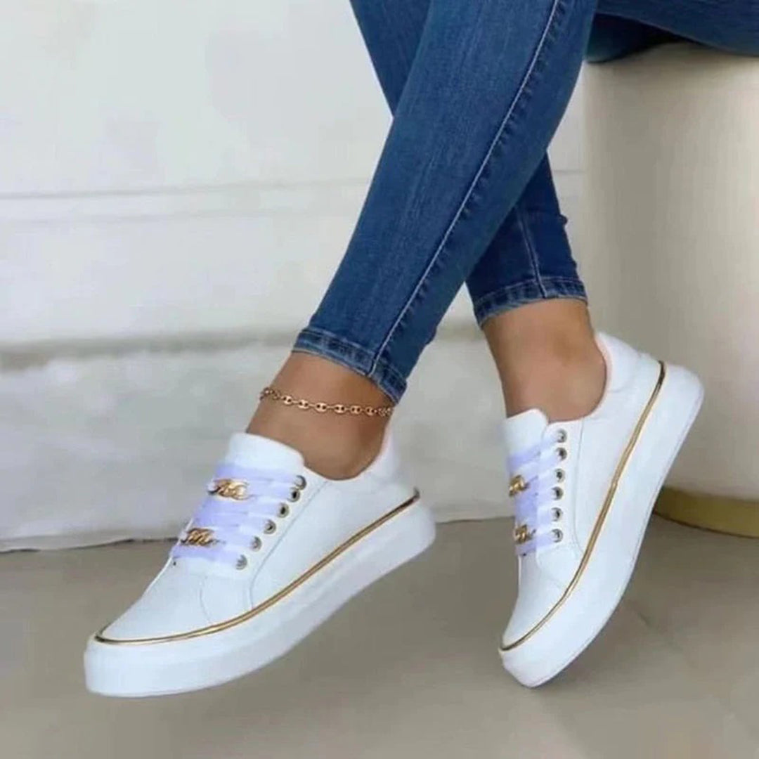 Valeria | Elegant White Platform Sneakers With Gold Chain Details