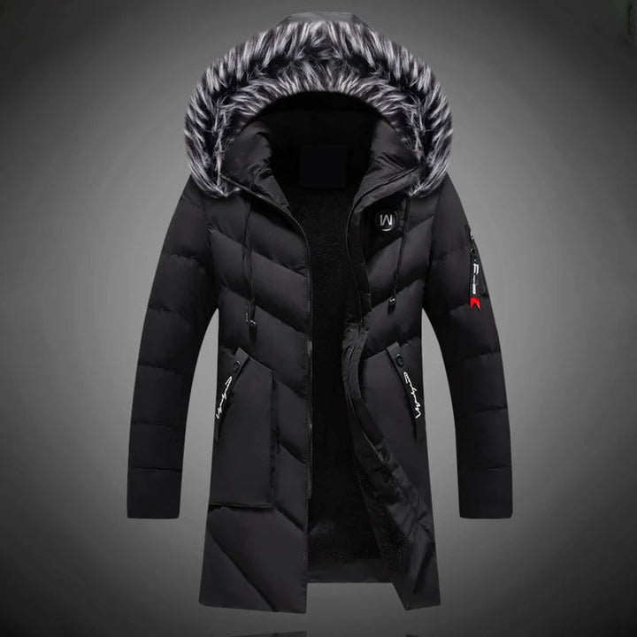Men's Navy Blue Quilted Long Winter Parka With Fur Hood