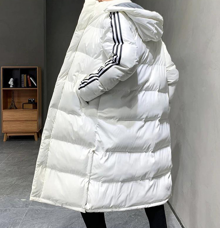 Stella | Sleek Long Hooded Puffer Coat With Stripe Detail