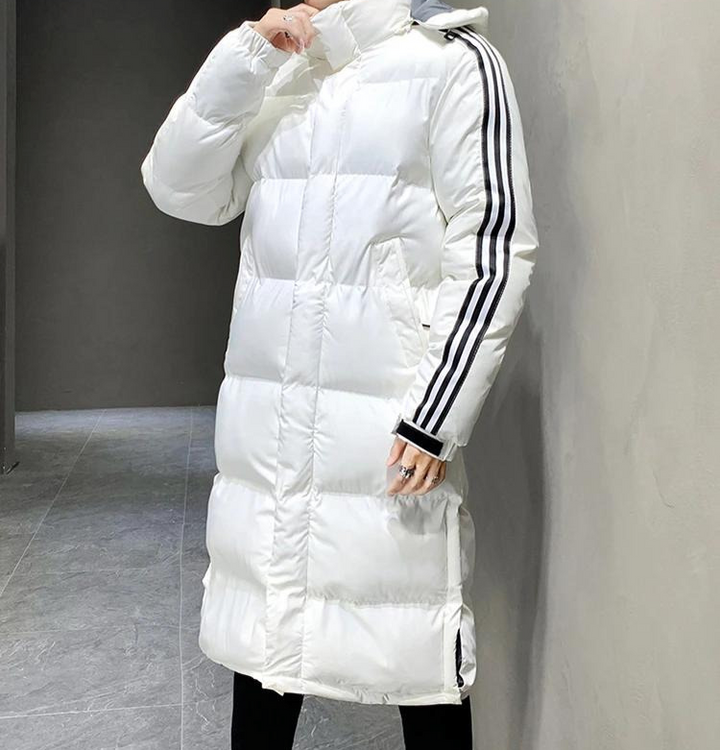Stella | Sleek Long Hooded Puffer Coat With Stripe Detail