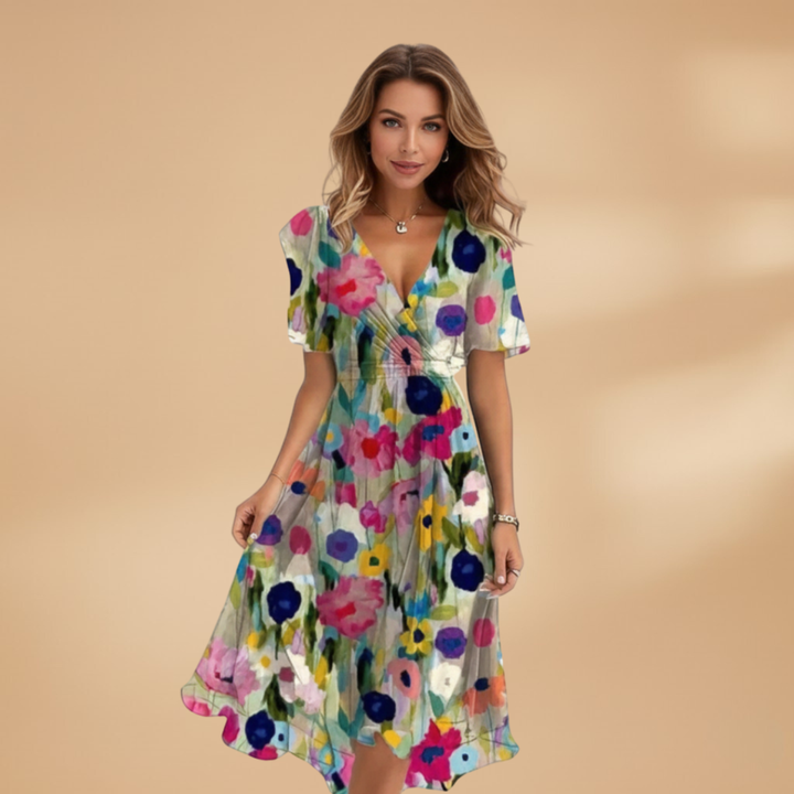 Women's Midi Wrap Dress with V-Neck and Tie Waist