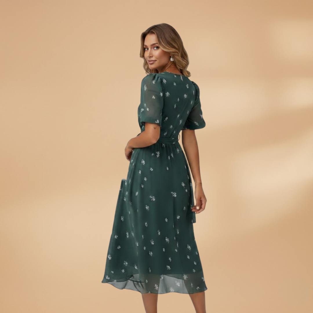Women's Midi Wrap Dress with V-Neck and Tie Waist