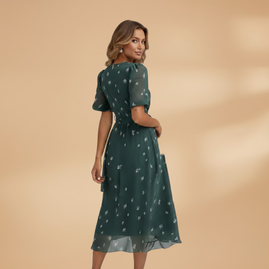 Women's Midi Wrap Dress with V-Neck and Tie Waist