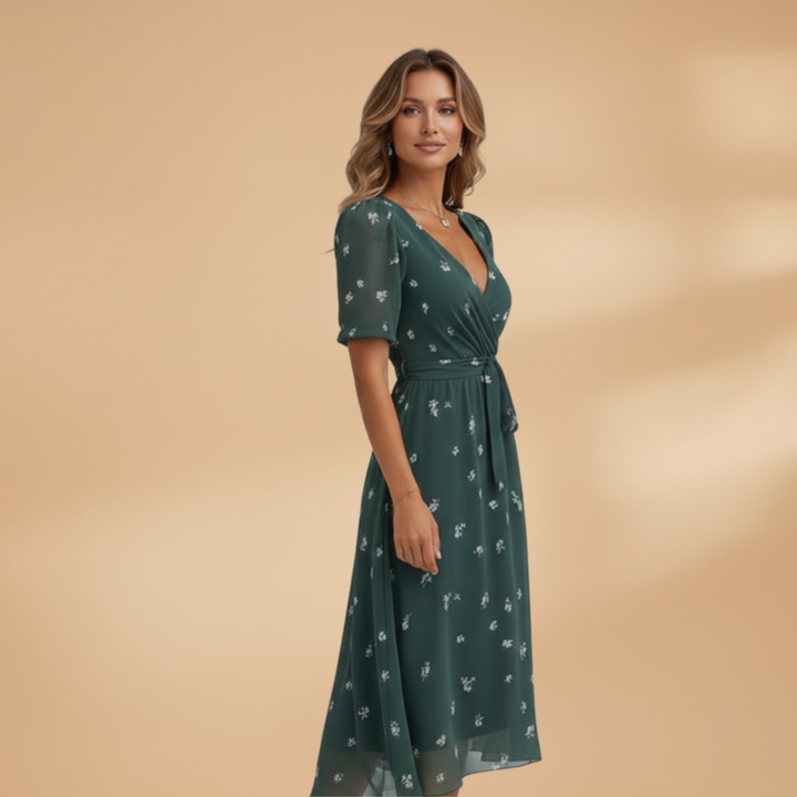 Women's Midi Wrap Dress with V-Neck and Tie Waist