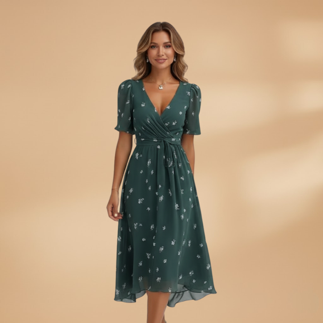 Women's Midi Wrap Dress with V-Neck and Tie Waist