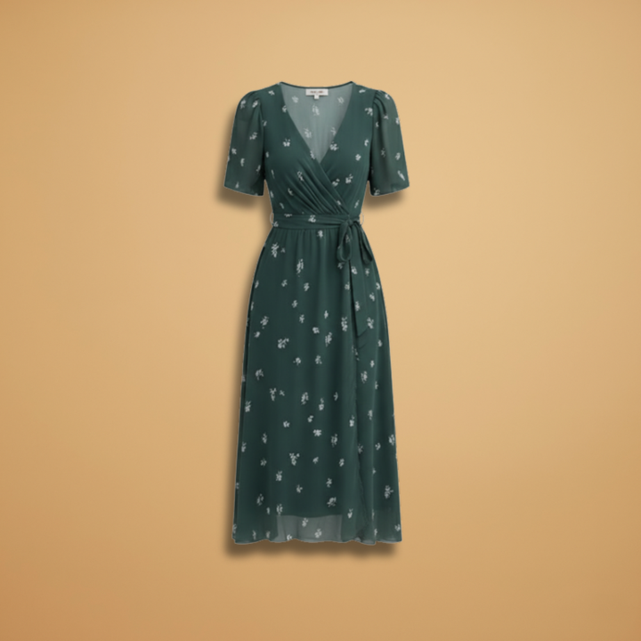 Women's Midi Wrap Dress with V-Neck and Tie Waist