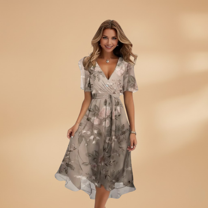 Women's Midi Wrap Dress with V-Neck and Tie Waist