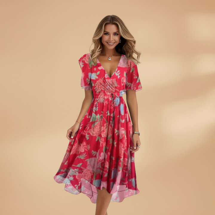 Women's Midi Wrap Dress with V-Neck and Tie Waist