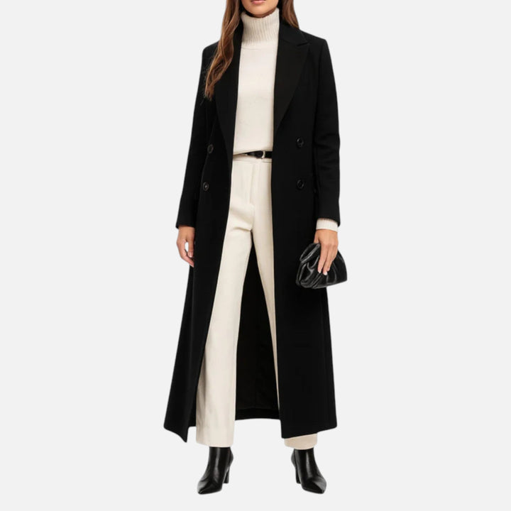 Naomi | Elegant Double Breasted Long Black Coat