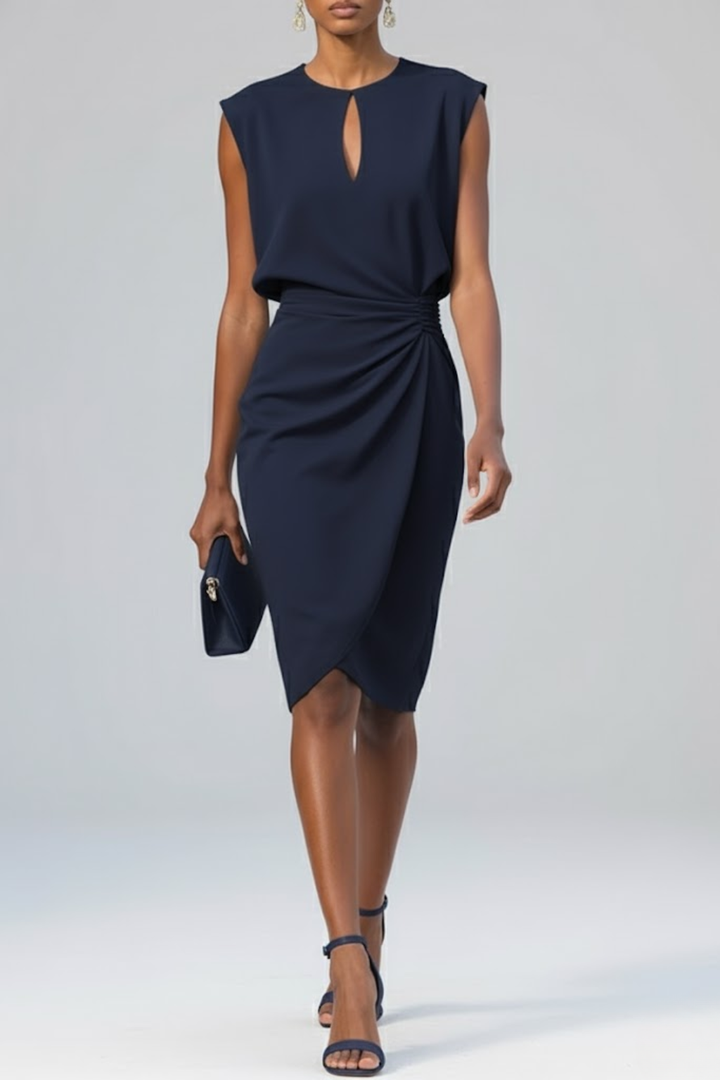 Ophelia | Elegant Keyhole Neck Ruched Midi Dress Sleeveless