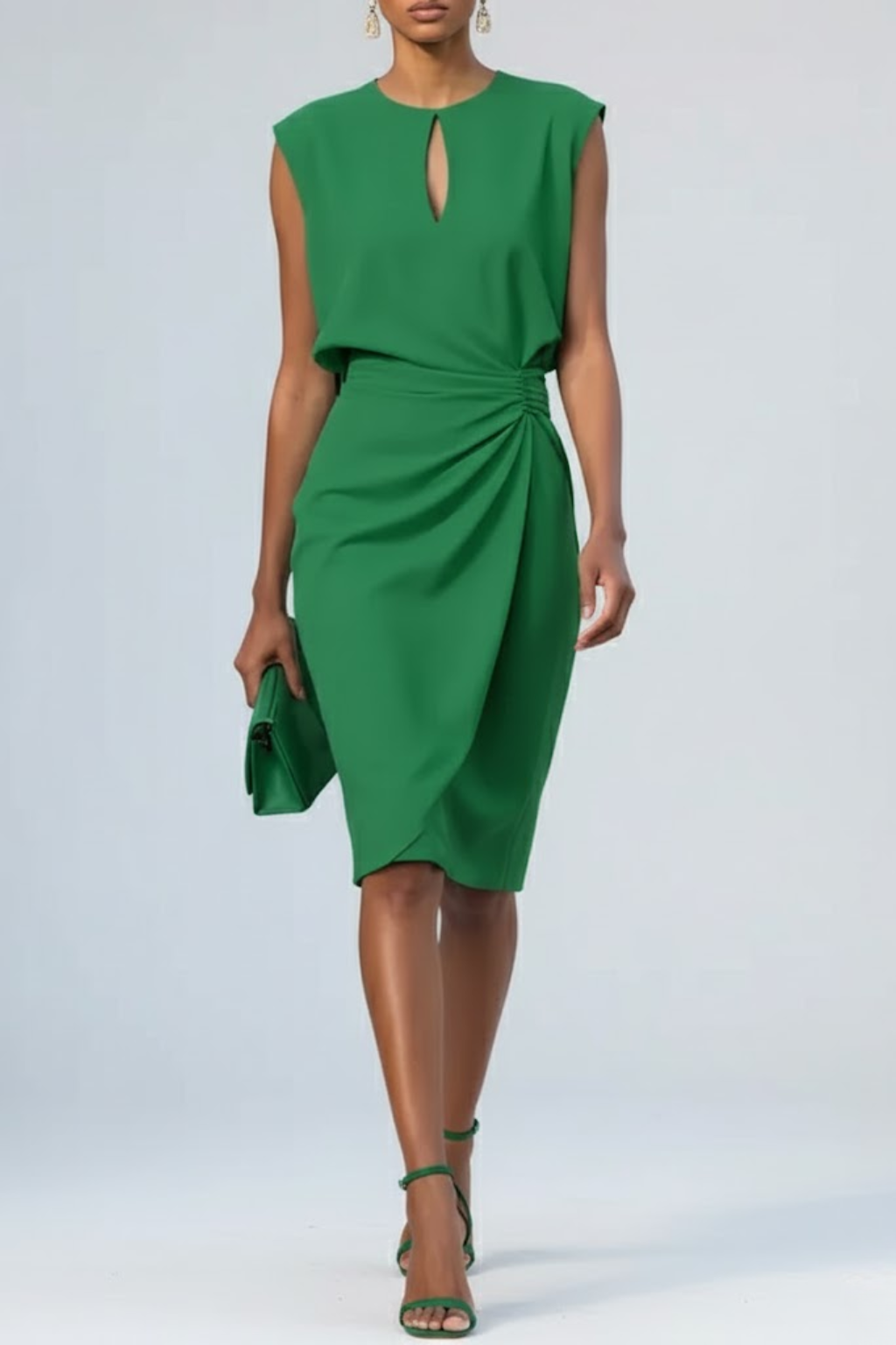 Ophelia | Elegant Keyhole Neck Ruched Midi Dress Sleeveless
