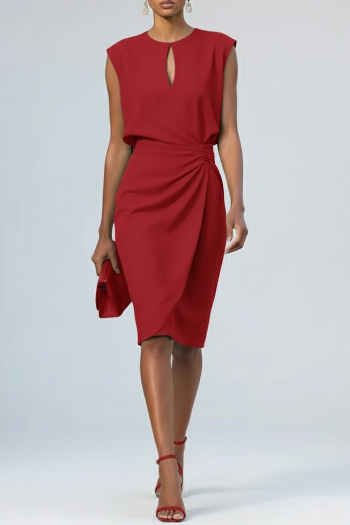 Ophelia | Elegant Keyhole Neck Ruched Midi Dress Sleeveless