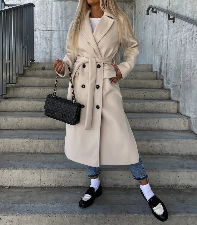 Rafaela | Elegant Long Double-Breasted Coat With Belt