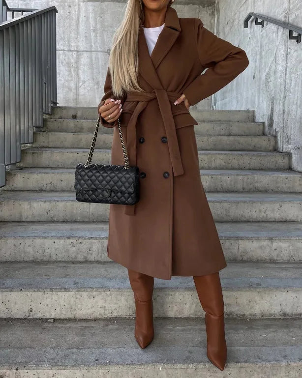 Rafaela | Elegant Long Double-Breasted Coat With Belt