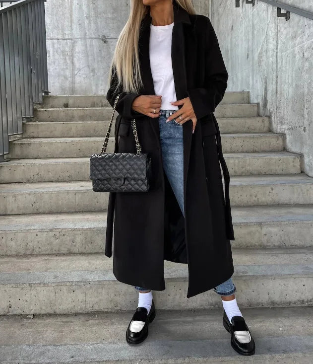 Rafaela | Elegant Long Double-Breasted Coat With Belt