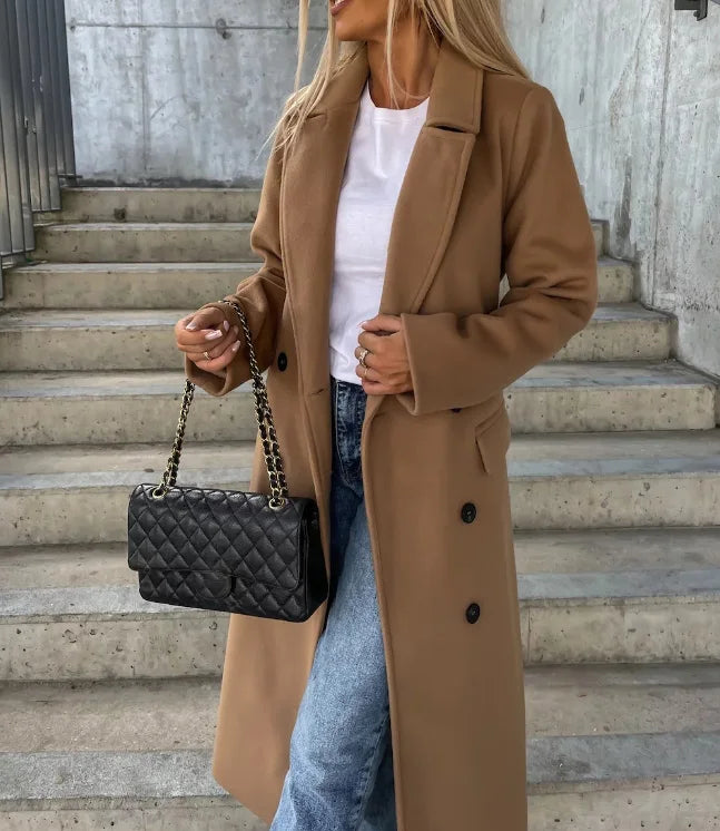 Rafaela | Elegant Long Double-Breasted Coat With Belt