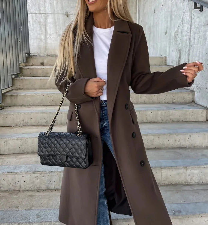 Rafaela | Elegant Long Double-Breasted Coat With Belt