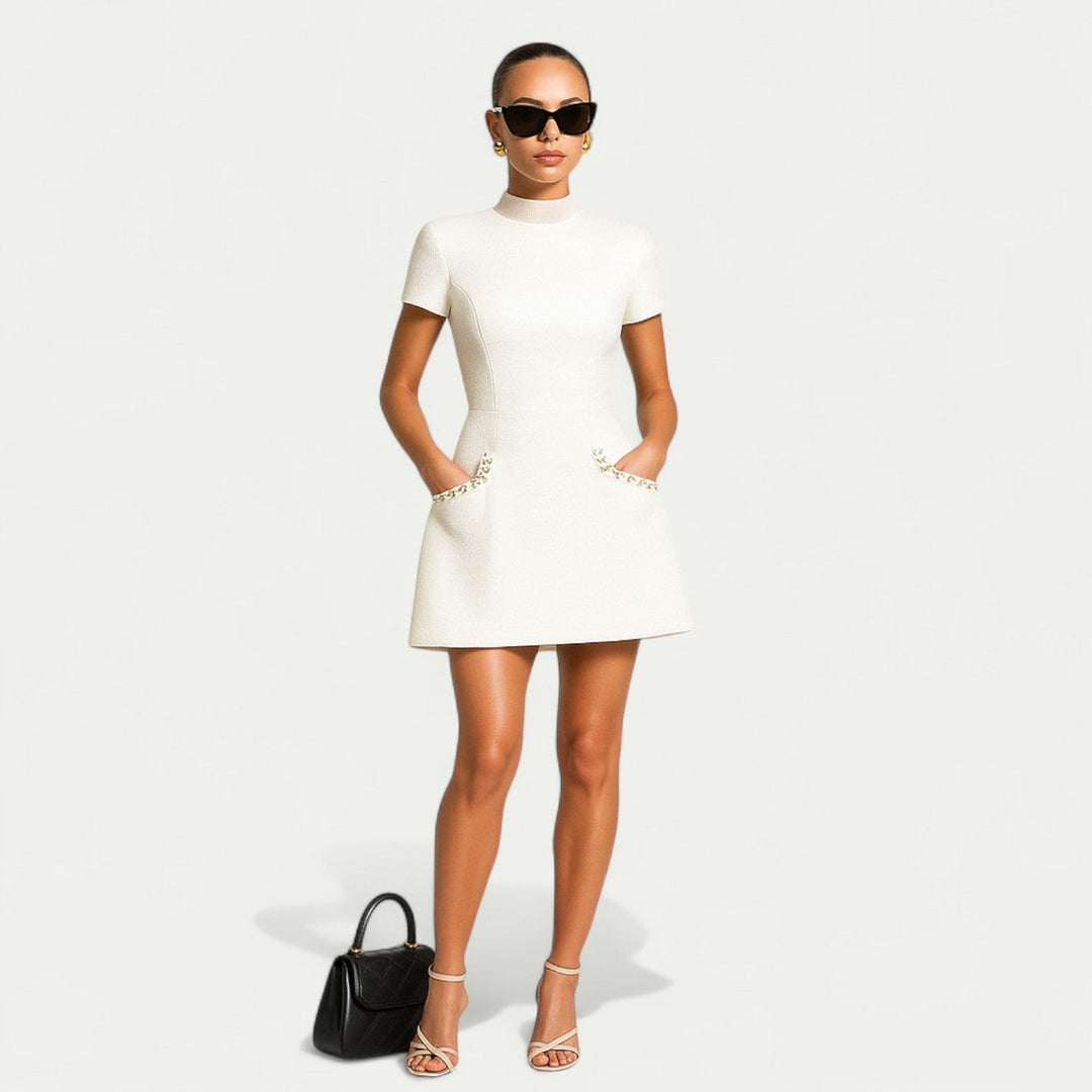 Aubrey | Chic Pearl Trim Mini Dress With Short Sleeves