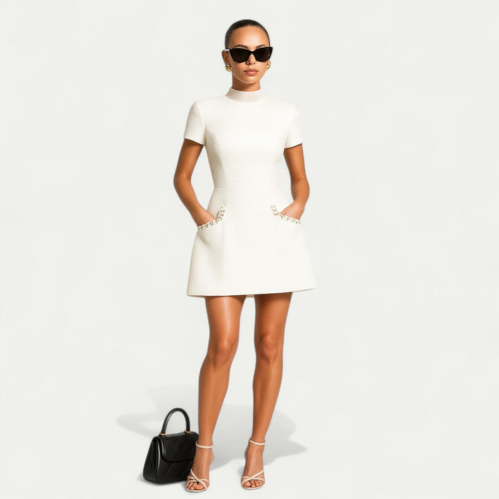 Aubrey | Chic Pearl Trim Mini Dress With Short Sleeves