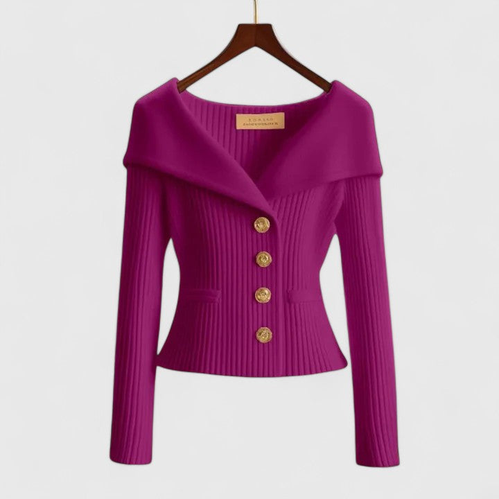 Sabrina | Elegant Off-Shoulder Button-Up Knit Cardigan
