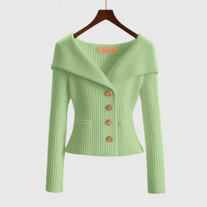 Sabrina | Elegant Off-Shoulder Button-Up Knit Cardigan