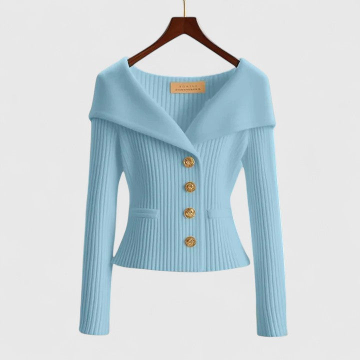 Sabrina | Elegant Off-Shoulder Button-Up Knit Cardigan