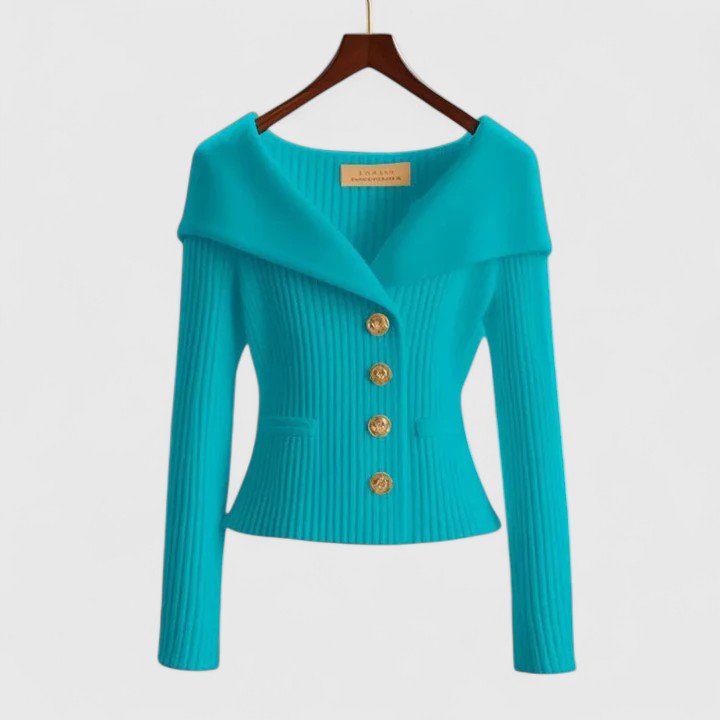 Sabrina | Elegant Off-Shoulder Button-Up Knit Cardigan
